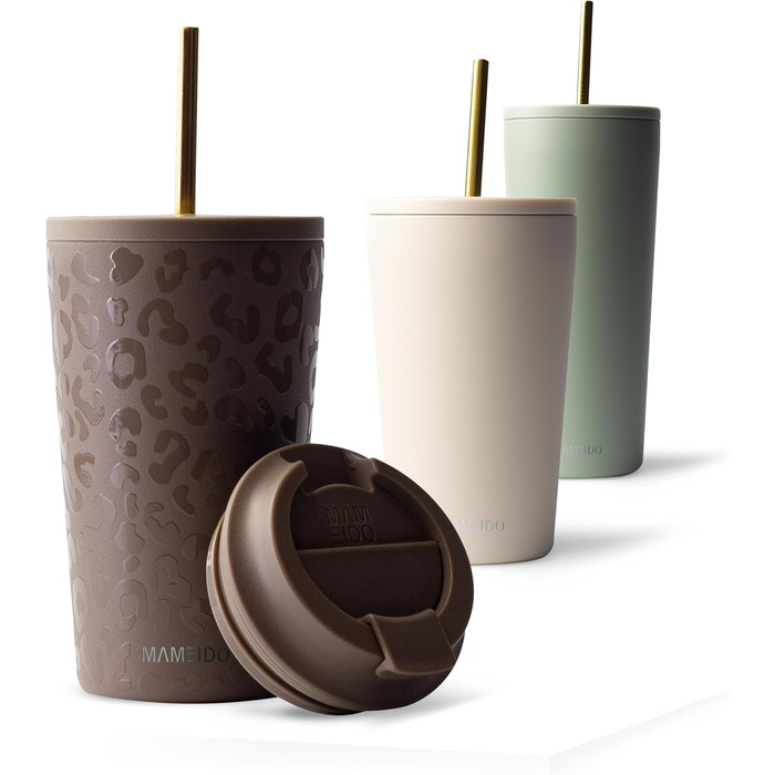 Термокружка MAMEIDO з трубочкою 470 мл, з кришкою та ізольованою сталевою трубочкою, подвійні стінки, не протікає, для кави на виніс (Wild Allure)