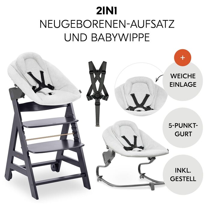 Високий стільчик для годування Hauck Beta+ Newborn Set Premium Dark Grey - комплект для новонароджених, з підставкою для ніг, м'яким сидінням та підносом - сірий колір