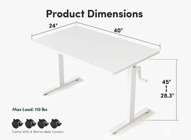 Письмовий стіл з регулюванням висоти FEZIBO Crank, 105x66 см, ручний стіл стоячи, біла рама/топ