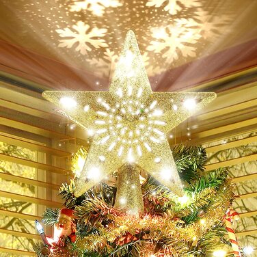 Верхівка на ялинку, Різдвяна ялинка мереживна зірка зі світлодіодним проектором динамічних світлових ефектів сніжинки, блискучі ялинкові прикраси
