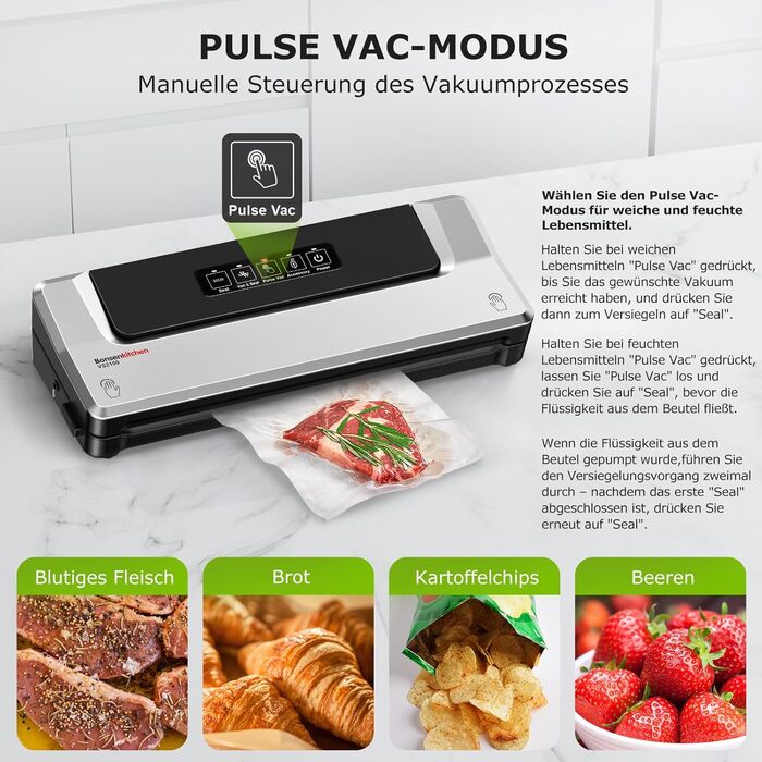 Вакууматор Bonsenkitchen для су-від (Sous Vide) та зберігання продуктів, вакуумний пакувальник з 5 пакетами в комплекті, сріблястий