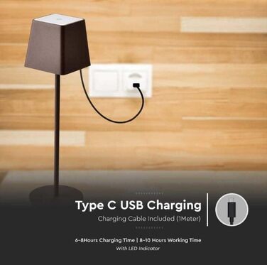 LED настільна лампа V-TAC з бездротовим живленням, сенсорне керування, акумулятор 4400 mAh, тепле світло 3000K, IP54, коричневий колір, для дому та вулиці