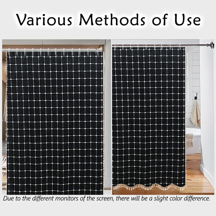 Шторка для душу сіро-зеленого кольору - сільський бохо-сучасний стиль, тканина льон, для ванної кімнати, вінтажний стиль, міцна, комплект зі бахромою, стильна богемна шторка для душу, 48x72 дюйми (121.9 x 182.9 см, 1 шт., чорний)