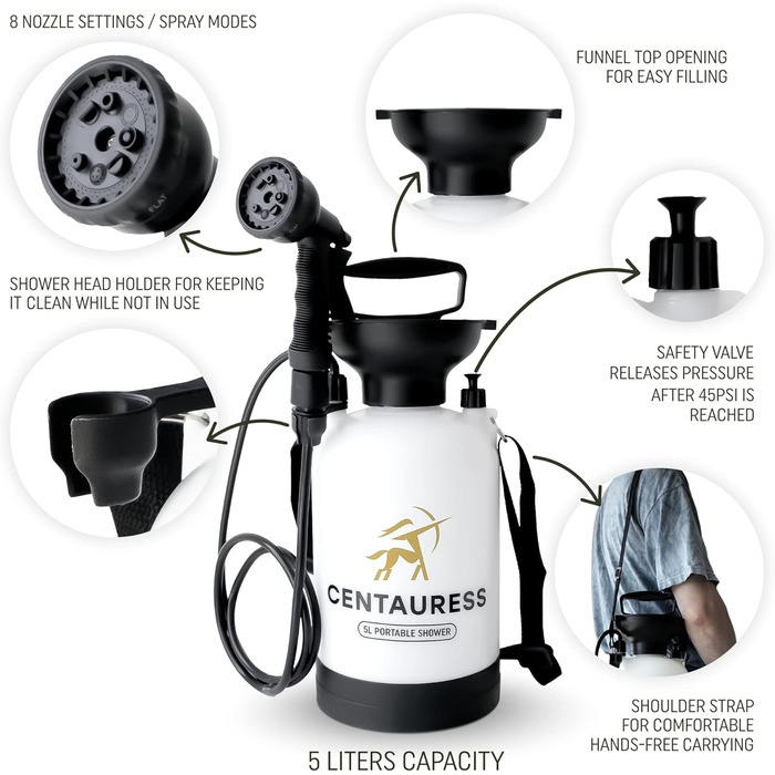 Портативний душ Centauress для кемпінгу з помпою та захисним клапаном 45 PSI, переносна душова система для кемпінгу, пляжу, серфінгу та відпочинку на природі