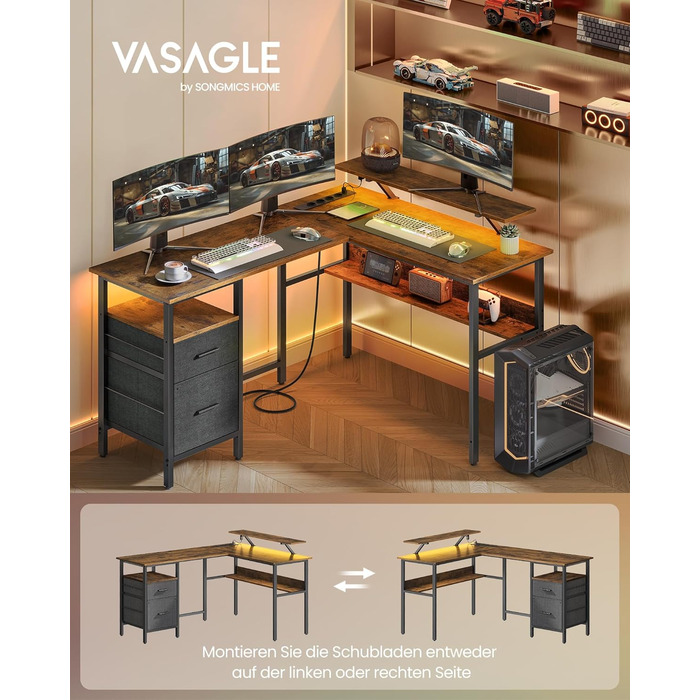 Письмовий стіл VASAGLE L-подібний з розетками, LED, USB, 150x120x76 см, домашній офіс, вінтажний коричневий LWD095K01