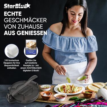 Пресс для тортилій зі сталі StarBlue 10 дюймів (25 см) з 100 шт. паперу для випікання та електронною книгою з рецептами - для приготування чіпаті, тортильї, роті