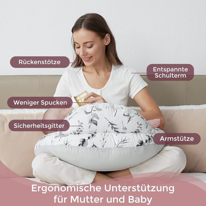 Подушка для годування Momcozy Stillkissen з безпечним бордюром – ергономічна подушка для годування та позиціонування з регульованим ремінцем та знімним бавовняним чохлом, Meteoritenschauer (Світло-сірий)