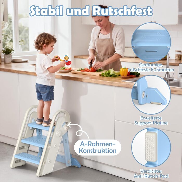 Дитячий підсвічник Onasti Tritthocker: регульована висота, 3 сходинки, з ручками, складний, антиковзний, для кухні, ванної, туалету (сірий, сіро-білий, блакитний)