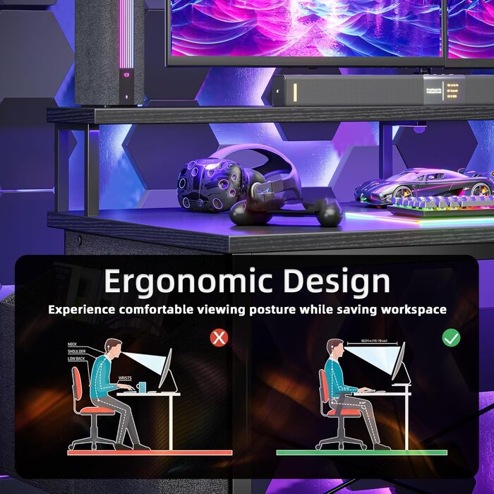 Комп'ютерний кутовий стіл BEXEVUE з розеткою та LED-підсвіткою, 120x70 см. Ергономічний кутовий стіл з полицями, регульований, для роботи та ігор, чорний колір.