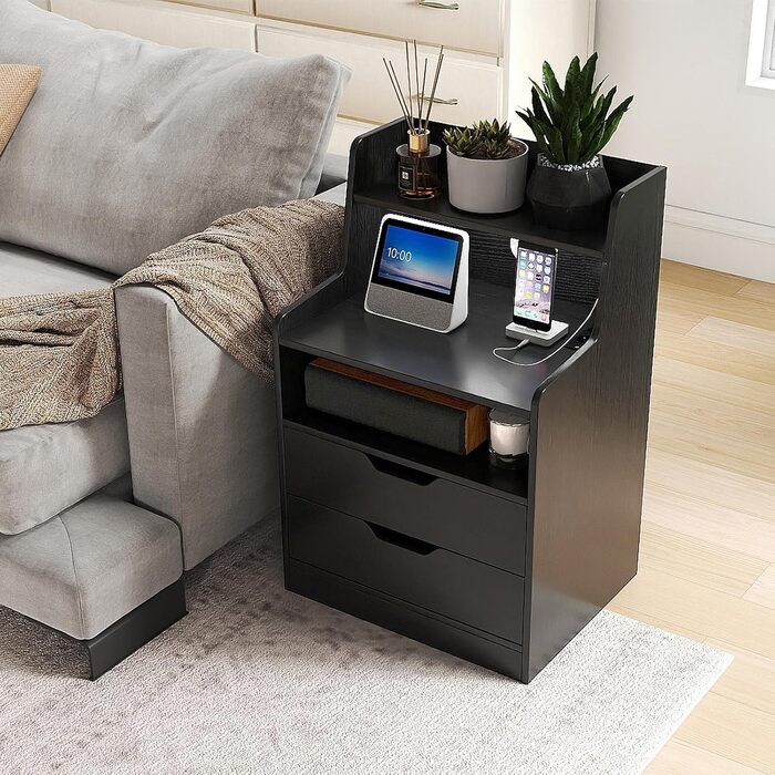 Нічний столик COSTWAY з LED-підсвіткою та зарядкою, 2 шухляди, відкриті полиці, пульт дистанційного керування, 45 x 35 x 72,5 см (Чорний)