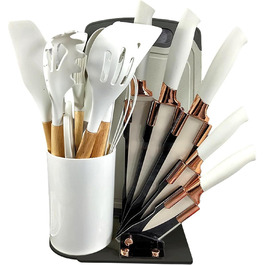 Набір кухонних ножів 19 в 1: ножі, кухонні аксесуари та набір ножів у блоці. Включає 11 шт. силіконових кухонних аксесуарів, 5 шт. гострих сталевих ножів, ножиці та дошку для нарізання (бежевий)