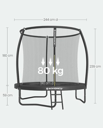 Батут SONGMICS вуличний Ø 244 см з захисною сіткою, драбиною та м'якими стійками - чорний