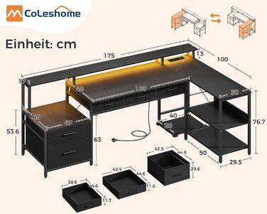 Комп'ютерний стіл кутовий Coleshome з шухлядами, 195x100 см, з розеткою та підставкою для монітора, чорний
