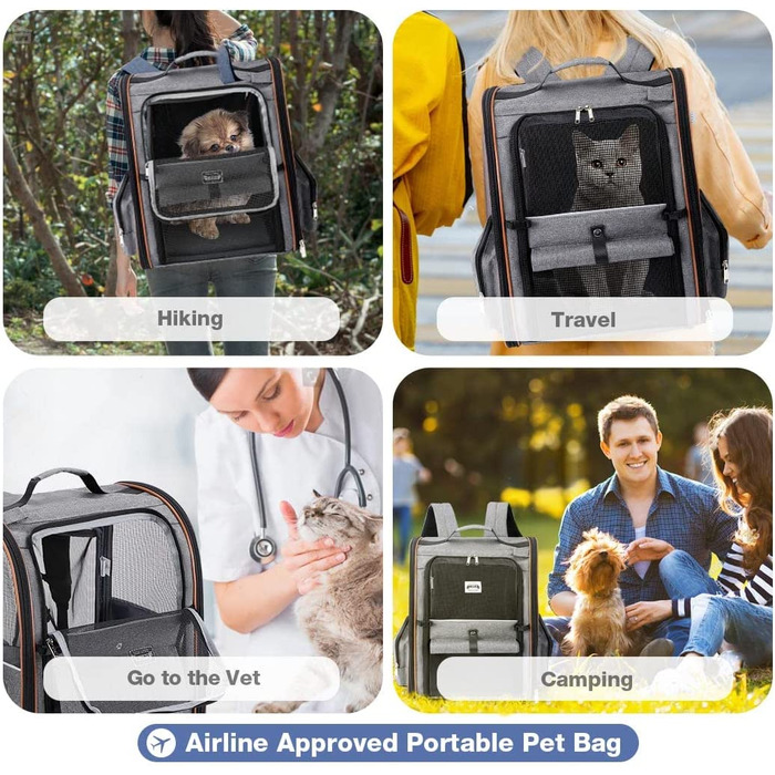Розширюваний рюкзак для кішок рюкзак для собак для кішок до 8 кг, великий рюкзак для кішок складаний рюкзак для домашніх тварин з внутрішнім повідцем і килимком для домашніх тварин, сірий