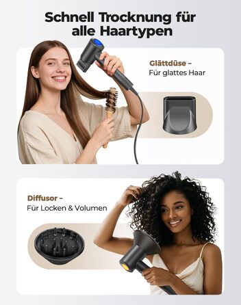 Іонний фен для волосся з дифузором, професійний стайлер 150 000 об/хв, 8 режимів температури з LED-дисплеєм, для кучерявого та густого волосся, чорний