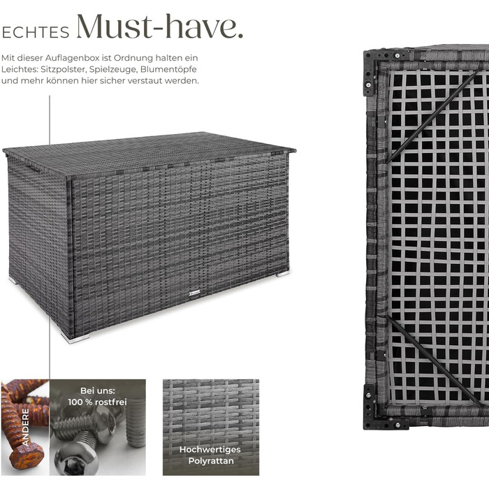 Скриня для зберігання садових речей Tectake з поліротангу, 750 л, чорна - водонепроникна, з газовими амортизаторами, 145x82.5x79.5 см