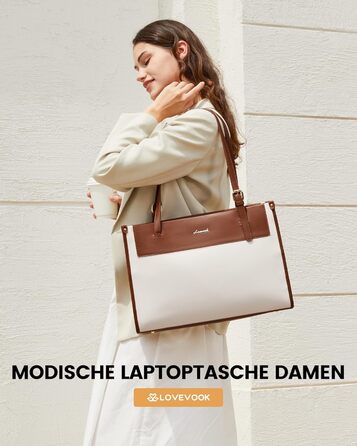 LOVEVOOK Сумка для ноутбука, жіноча велика водонепроникна сумка-шоппер, ділова сумка-акселуар, з PU шкіри, 15.6 дюймів (Коричневий+бежевий)