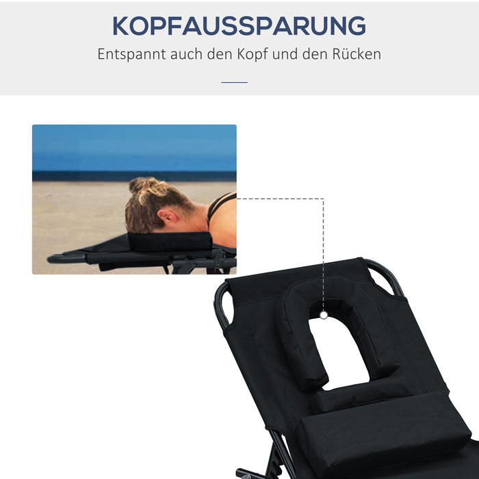 Розкладний шезлонг для саду з підголовником, лежак з 4-позиційним регулюванням спинки, кемпінговий стілець з підсвічуванням для читання, садова крісло, витримує до 120 кг, для саду, балкону, чорного кольору.
