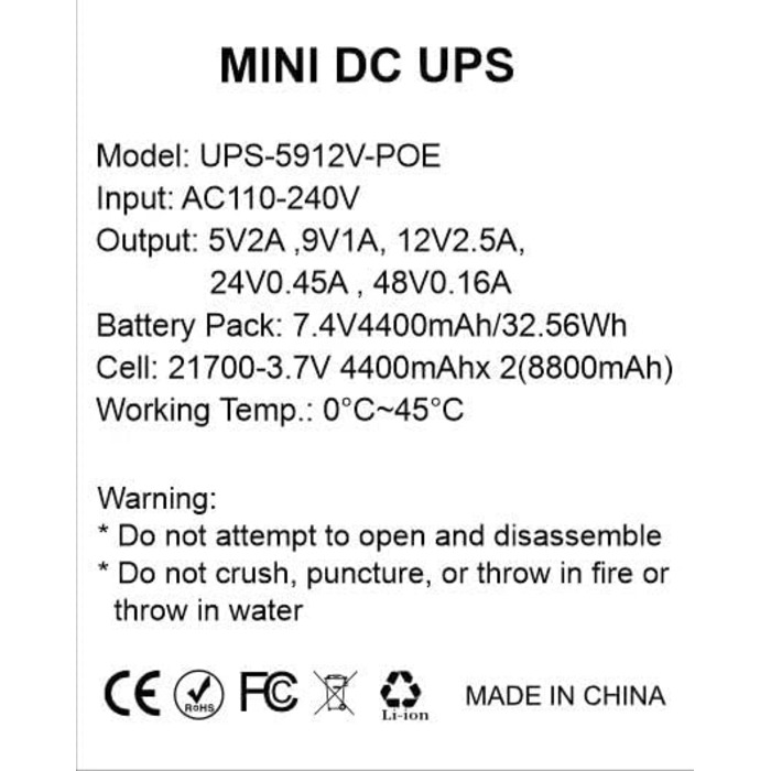 Mini UPS з внутрішньою батареєю високої ємності: 5V/9V/12V/PoE виходи для роутерів, камер, сигналізації