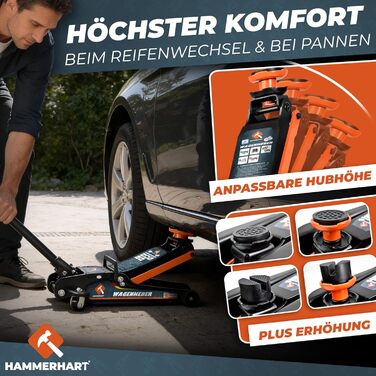 Гідравлічний домкрат HAMMERHART 3T з низьким профілем, 75-505мм, колеса 360°, подвійний поршень, гумові накладки, T-ручка - перевірена якість TÜV