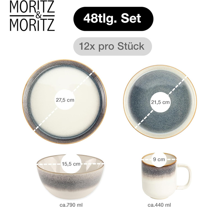 Набір посуду Moritz & Moritz TARENTO 48 предметів (сірий) для 12 осіб - Елегантний набір тарілок з високоякісної кераміки (12 великих, 12 десертних, 12 супових тарілок, 12 чашок)