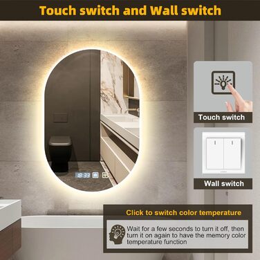 Дзеркало для ванної кімнати 600 мм з підсвічуванням, регулюванням яскравості, антизапарюванням, таймером | IP44, вологостійке, з сенсорним вимикачем | для ванної, готелю, кругле, овальне, 500 мм, 750 мм