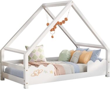Ліжко дитяче Merax 90x200 см, будиночок з ламелями, захистом від падіння, для хлопчиків та дівчаток, біле