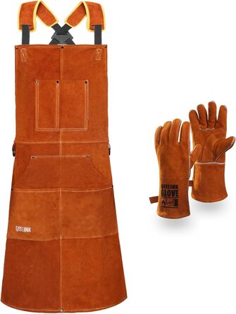 Швейний фартух QeeLink зі шкіри з рукавичками, 6 кишень, вогнестійкий та жаростійкий, коричневий
