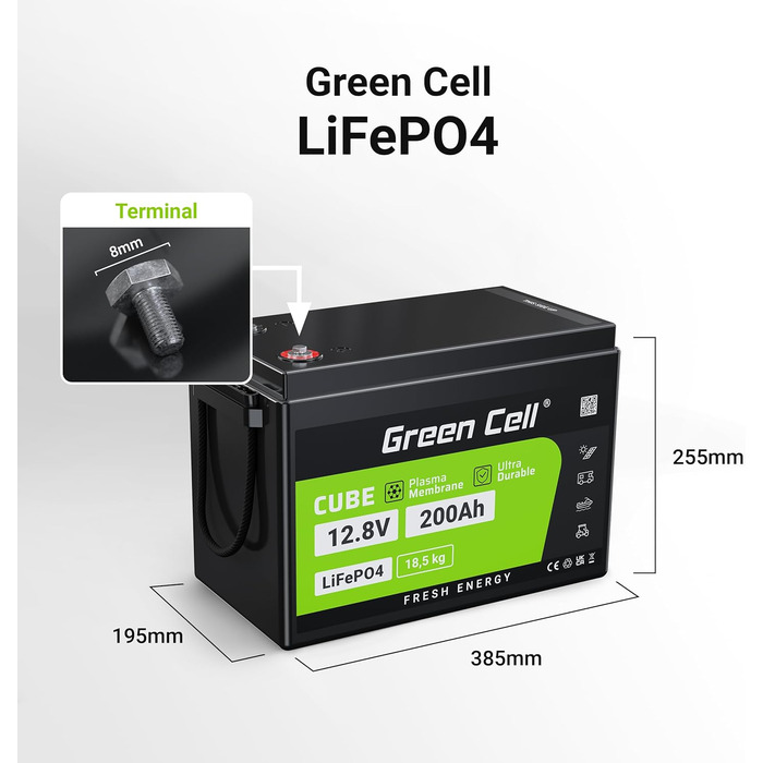 Акумулятор Green Cell LiFePO4 200Ah 12,8 В, літієва батарея 2560 Втгод з BMS, термін служби 10 років, 5500 циклів