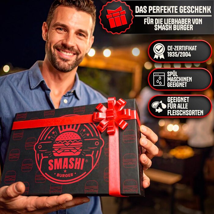 Набір для приготування бургерів SMASHI® з пресом та дзвоном – нержавіюча сталь 304, лопатка для гриля, 50 папірців з антипригарним покриттям, рецепти – Оригінал (SUPREME)