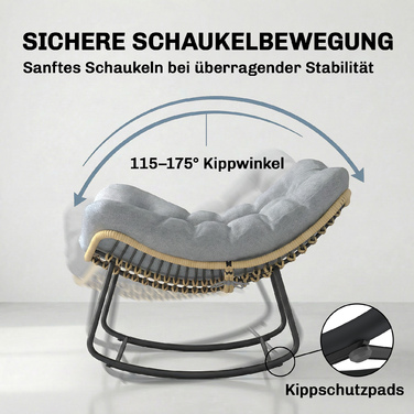 Ротангове крісло-гойдалка для саду з товстими подушками, вуличний/кімнатний гойдалка до 120 кг, 87 x 110 x 70 см, сірий колір