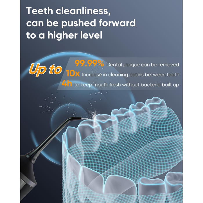 MySmile LP221: Бездротовий ірigator для зубів з UVC стерилізацією, 335 мл, OLED-дисплей, 4 режими, 8 насадок, для дому та подорожей, чорний