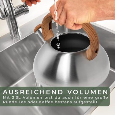 Чайник для води 2,3 л - Індукційний та газовий - Чайник з дерев'яною ручкою - Чайник з флейтою з нержавіючої сталі