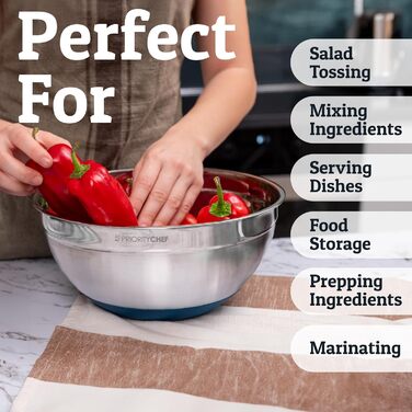 Набір місок для перемішування Priority Chef (6 шт.) з кришками, нержавіюча сталь, з антиковзними днами, 3 тертки, блакитний