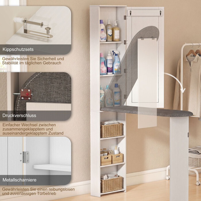 Шафа для прасувальної дошки зі дзеркалом та полицями, компактна, біла - 106x35x174 см