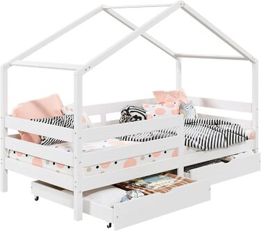 Ліжко IDIMEX house ENA з масиву сосни, красиве ліжко Монтессорі 90 х 200 см, дитяче ліжечко із захистом від падіння, стійке ігрове ліжко з дахом і 2 ящиками в (білий)