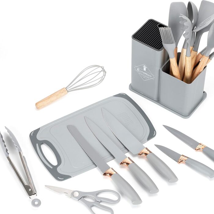 Набір кухонних ножів EliteHoff 19 предметів – набір кухонних аксесуарів з силікону з дерев'яними ручками, 5 ножів, 12 аксесуарів, дошка для нарізання та підставка – безпечний для харчових продуктів, придатний для миття в посудомийній машині, чорний (E-607