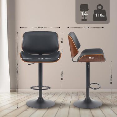 Барний стілець CLP Beverley з штучної шкіри, регульована висота та поворот, дерев'яний табурет з підніжкою, колір: горіх/чорний