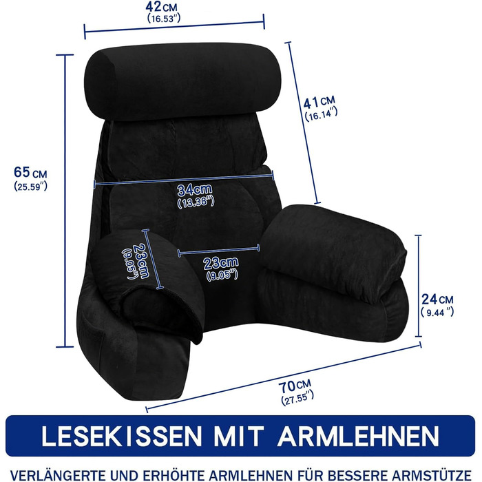 Підлогове крісло-мішок для читання з підлокітником, 67x30 см (65x23 см), чорний
