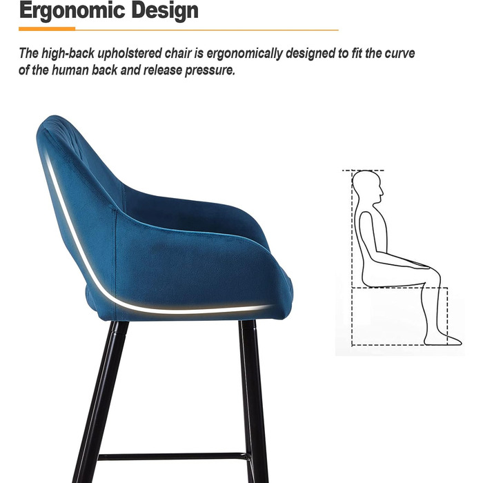 Набір з 2 оксамитових барних стільців зі спинкою та підлокітником для кухні/бару (синій)