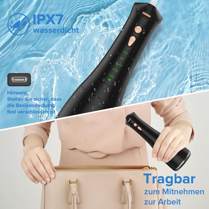 Електричний ірigator для порожнини рота Munddusche, 5 режимів, 5 насадок, 300 мл резервуар, перезаряджається, для чищення зубів та ясен, водонепроникний IPX7, чорний