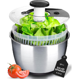 Салатниця-центрифуга з нержавіючої сталі, велика, 6.33 л: для миття та сушіння салатів, овочів та фруктів