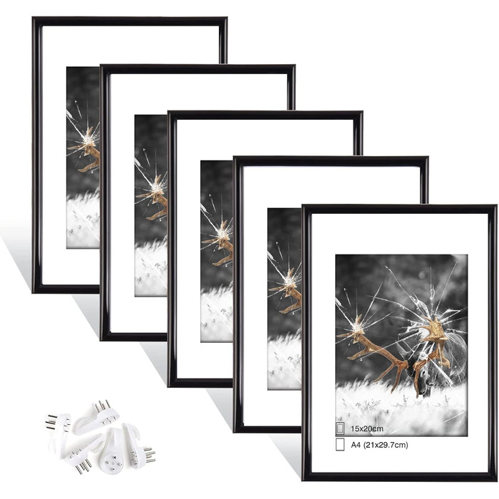 Рамка для фото 5 шт. A4 чорна, з плексигласом, для встановлення та підвішування | Фоторамки Schwarz 21x29.7 см