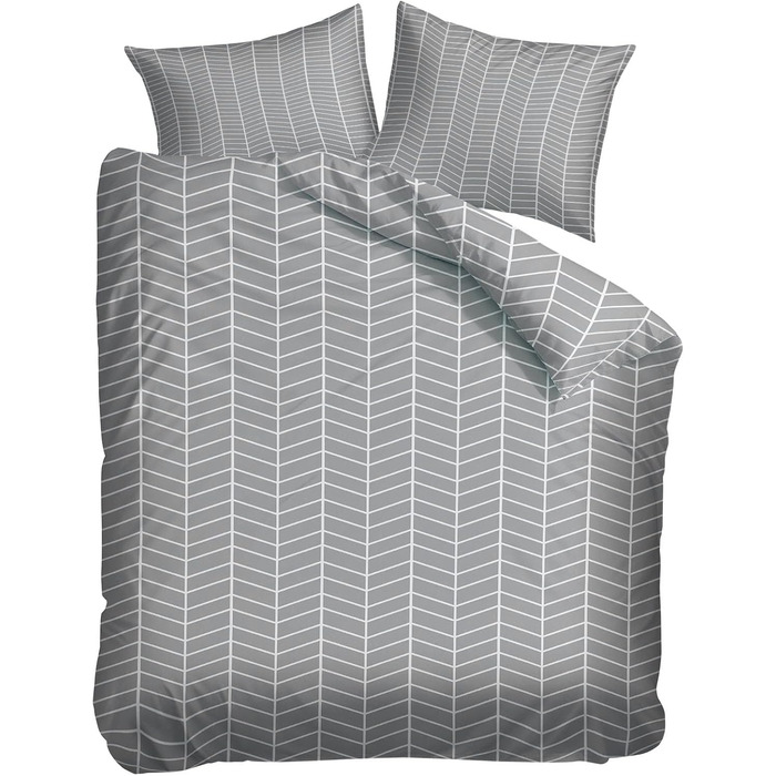 Сіра постільна білизна 180x200 см з геометричним дизайном, двостороння, з м'якої мікрофібри, для алергіків, 3 частини (1 ковдра + 2 подушки), з блискавкою, сучасний дизайн