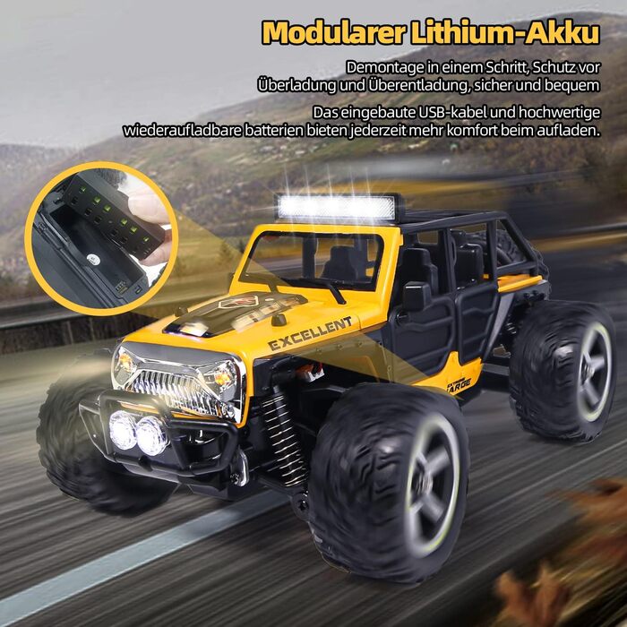 Радіокерований позашляховик Monstertruck 1/22 для дітей від 6 років, 2.4GHz, водонепроникний (2 акумулятори)