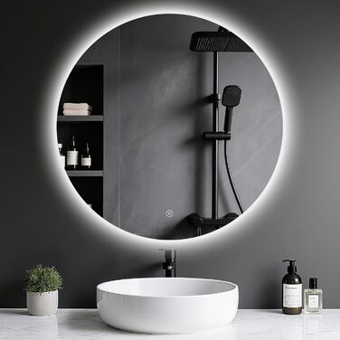 LED-дзеркало для ванної кімнати з підсвічуванням, кругле, 50 см, сенсорне управління, регулювання яскравості, функція пам'яті, HD скло, захист від вибуху, 3 кольори світла, 70x70 см