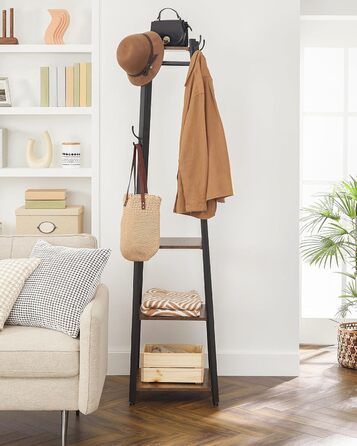 Стійка для одягу VASAGLE з 8 гачками, 4 полицями та перекладиною, металевий каркас, для шарів, курток, сумок, для прихожого, золотий дуб + білий (вінтажний коричневий + чорний)
