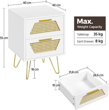 Набір Yaheetech з 2 тумбочок з ротанга, металеві ніжки, світло-коричневий/білий, 2 шухляди