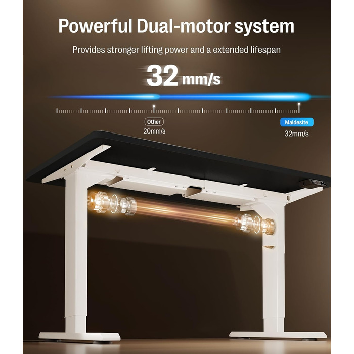 Регульований стіл MAIDeSITe S2 Pro (160x80 см) - електричний, з підняттям, чорний каркас, білий стіл, 160 кг, з захистом від зіткнень