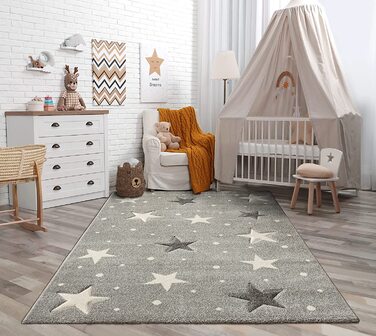Дитячий м'який зірчастий килим the carpet Monde, дитячий килим із зображенням зоряного неба, з ефектом хай-фай, легкий у догляді, стійкий до фарбування, Зоряний, рожевий, (кругла форма 120 х 120 см, сірі зірки)